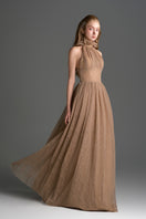 Light brown VINE GUIPURE LACE A-line gown with ruffle collar by I.H.F Studio, showing intricate lace and elegant silhouette.