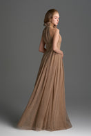 Light brown A-line gown with vine guipure lace and ruffle collar by I.H.F Studio, showcasing elegant lace details and flowing silhouette.