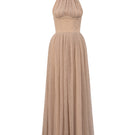 Light beige V-neck A-line gown with intricate guipure lace and ruffle collar by I.H.F Studio, displayed on a dress form.