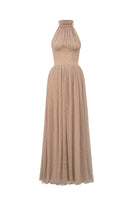 Light beige V-neck A-line gown with intricate guipure lace and ruffle collar by I.H.F Studio, displayed on a dress form.