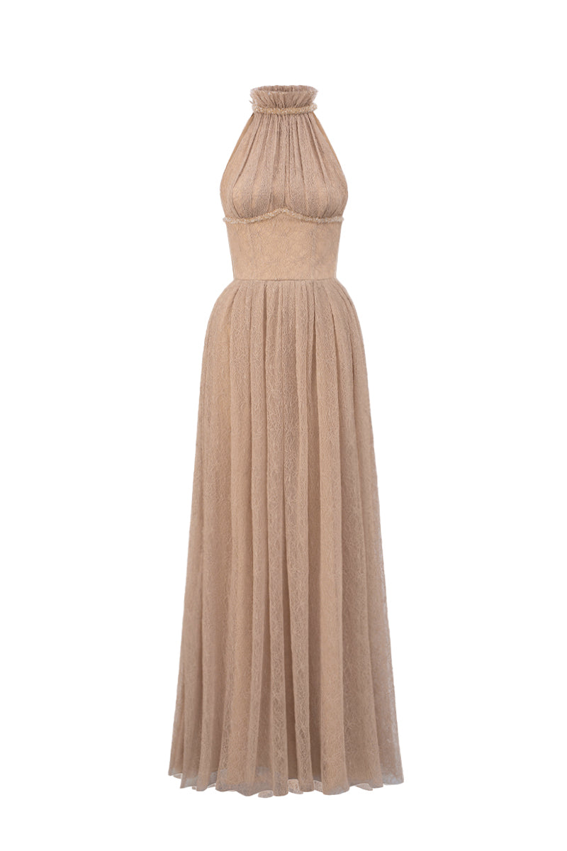 Light beige V-neck A-line gown with intricate guipure lace and ruffle collar by I.H.F Studio, displayed on a dress form.