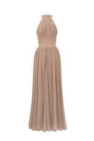 Light beige VINE GUIPURE lace A-line gown with ruffle collar from I.H.F Studio, featuring intricate lace and elegant design.