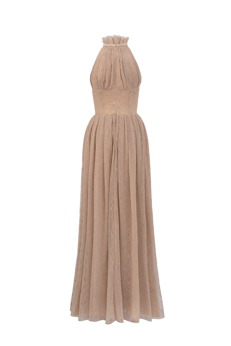 Light beige VINE GUIPURE lace A-line gown with ruffle collar from I.H.F Studio, featuring intricate lace and elegant design.