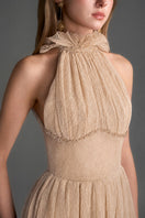 Light beige A-line gown by I.H.F Studio featuring vine guipure lace and a ruffle collar, displayed on a dress form.