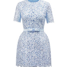 Blue I.H.F Studio sequin floral lace and silk taffeta mini dress with intricate detailing and elegant design.