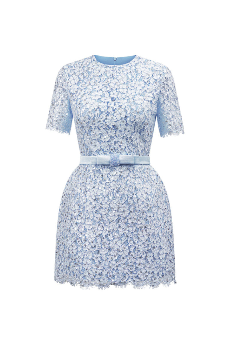 ROBE EN DENTELLE FLORALE À PAILLETTES ET TAFFETAS DE SOIE BLEU