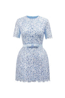 Blue I.H.F Studio sequin floral lace and silk taffeta mini dress with intricate detailing and elegant design.