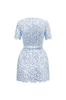 Blue sequin floral lace and silk taffeta mini dress by I.H.F Studio, with intricate lace details and elegant silhouette.
