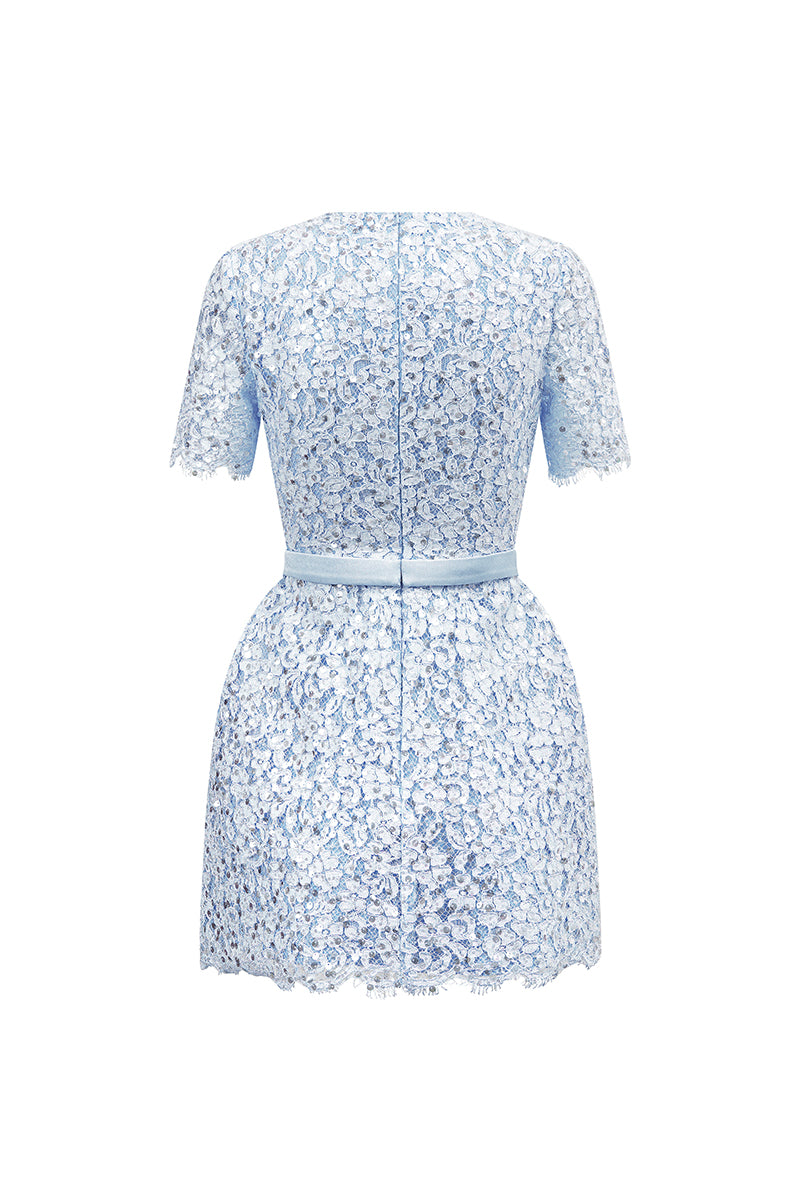 Blue sequin floral lace and silk taffeta mini dress by I.H.F Studio, with intricate lace details and elegant silhouette.