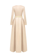 Gold silk taffeta gown by I.H.F Studio, elegant formal dress with flowing fabric and intricate design details.