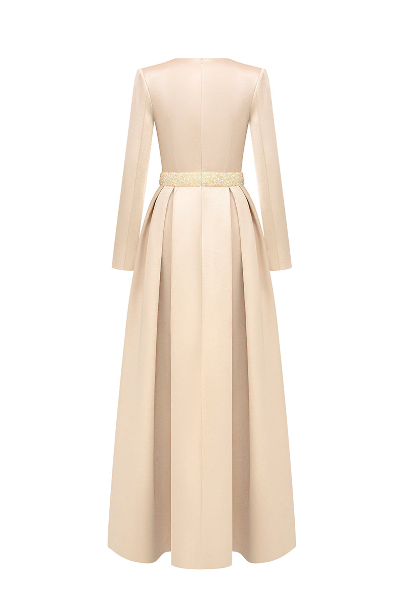 Gold silk taffeta gown by I.H.F Studio, elegant formal dress with flowing fabric and intricate design details.