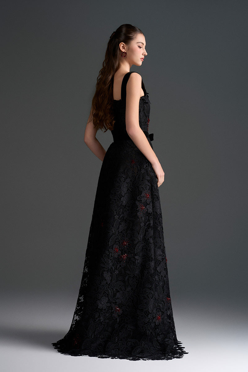 Black floral lace A-line gown with square neckline and velvet waist belt by I.H.F Studio, perfect for elegant occasions.