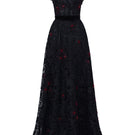 Black floral lace A-line gown with square neckline and velvet waist belt by I.H.F Studio, featuring elegant floral lace details.