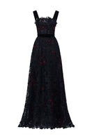 Black floral lace A-line gown with square neckline and velvet waist belt by I.H.F Studio, featuring elegant floral lace details.