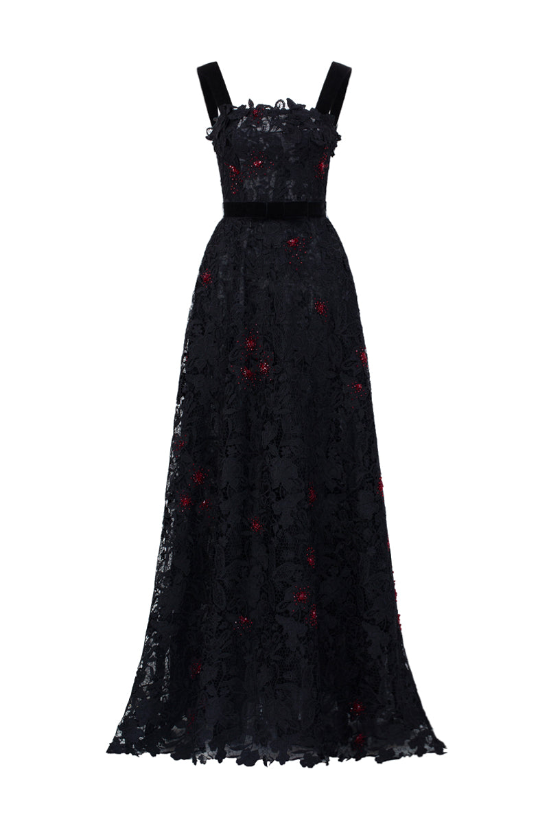 Black floral lace A-line gown with square neckline and velvet waist belt by I.H.F Studio, featuring elegant floral lace details.