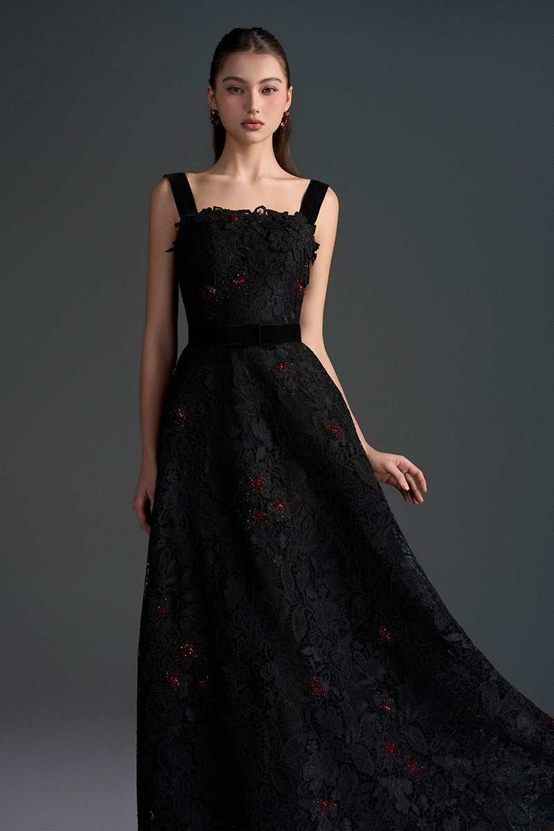 Black floral lace A-line gown with square neckline and velvet waist belt by I.H.F Studio, featuring intricate lace details.