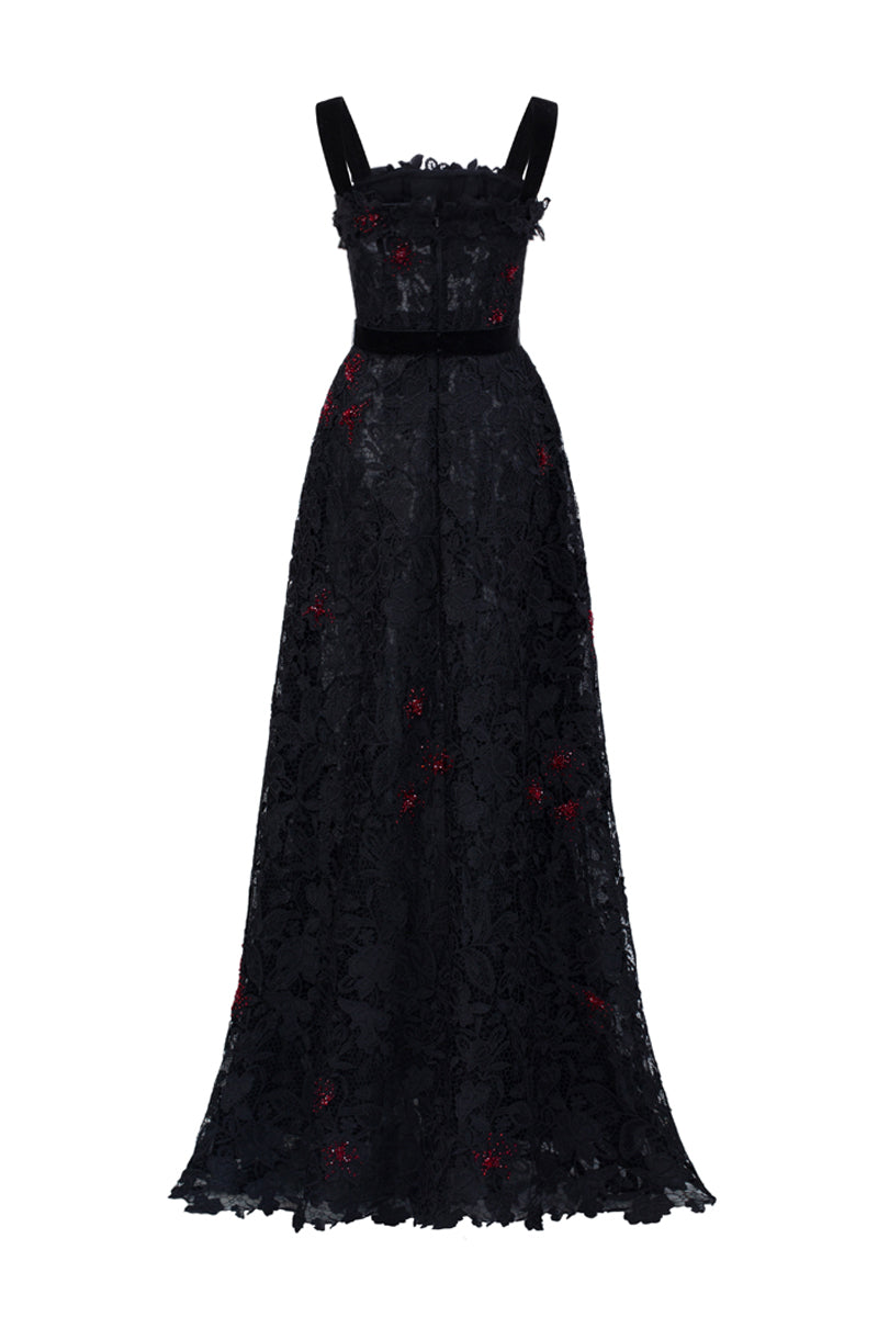 Black floral lace A-line gown with square neckline and velvet waist belt by I.H.F Studio, detailed floral lace pattern visible.