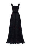 Black floral lace A-line gown with square neckline and velvet waist belt by I.H.F Studio, detailed floral lace pattern visible.