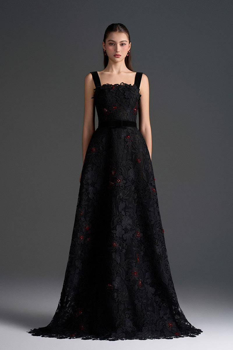 Black floral lace A-line gown with square neckline and velvet waist belt by I.H.F Studio, elegant evening dress.