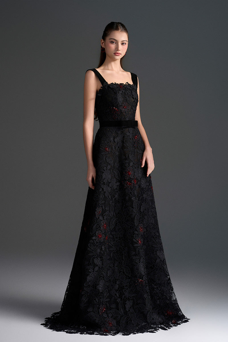 Black floral lace A-line gown with square neckline and velvet waist belt from I.H.F Studio, elegant garden-inspired design.