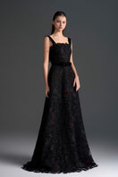 Black floral lace A-line gown with square neckline and velvet waist belt from I.H.F Studio, elegant garden-inspired design.