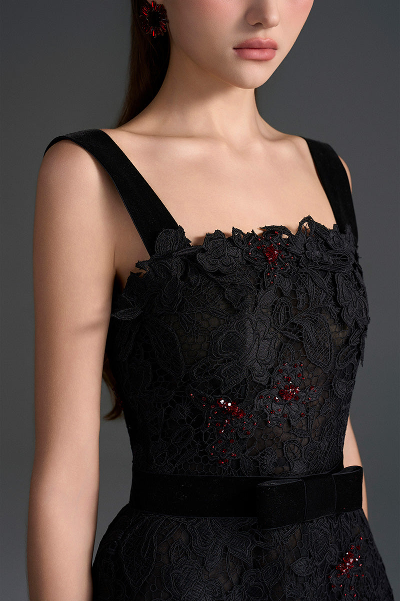 Black floral lace A-line gown with square neckline and velvet waist belt by I.H.F Studio, perfect for elegant occasions.