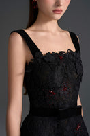 Black floral lace A-line gown with square neckline and velvet waist belt by I.H.F Studio, perfect for elegant occasions.