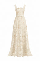 Ivory floral lace A-line gown with square neckline and velvet waist belt by I.H.F Studio, elegant formal dress for special occasions.