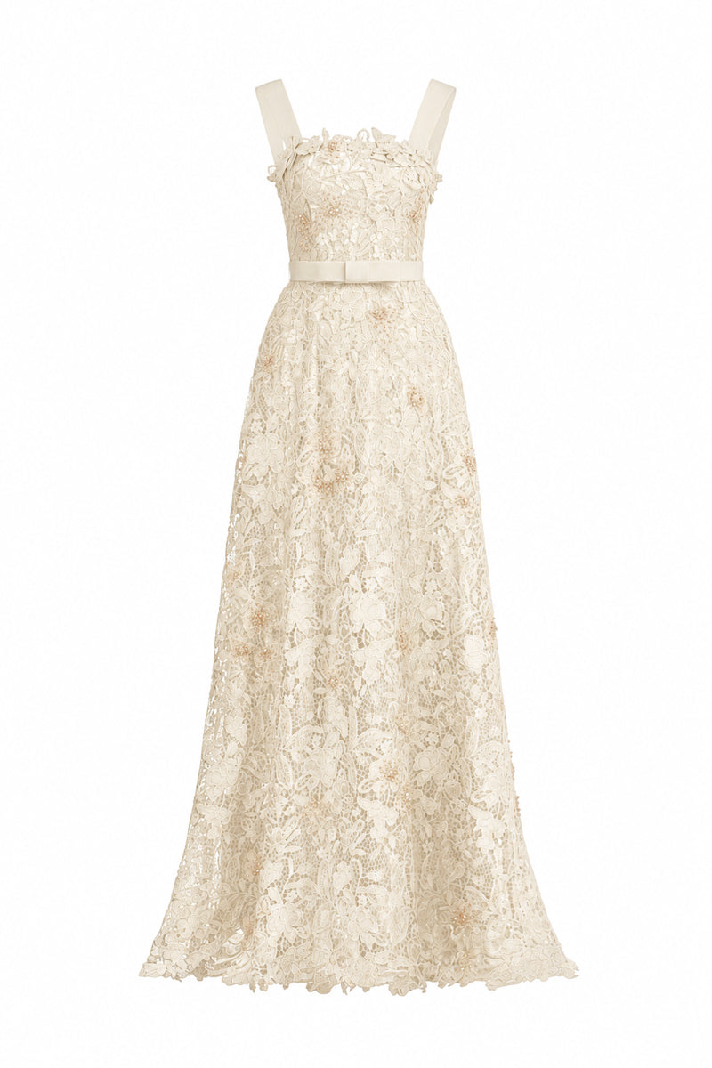 Ivory floral lace A-line gown with square neckline and velvet waist belt by I.H.F Studio, elegant formal dress for special occasions.