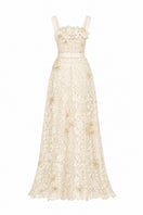 Ivory floral lace A-line gown with square neckline and velvet waist belt from I.H.F Studio, showcasing intricate lace details and elegant design.