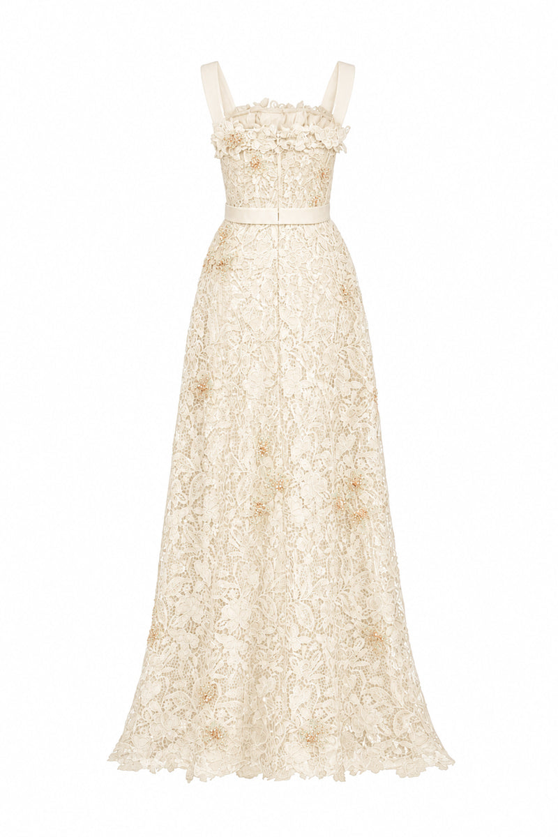 Ivory floral lace A-line gown with square neckline and velvet waist belt from I.H.F Studio, showcasing intricate lace details and elegant design.