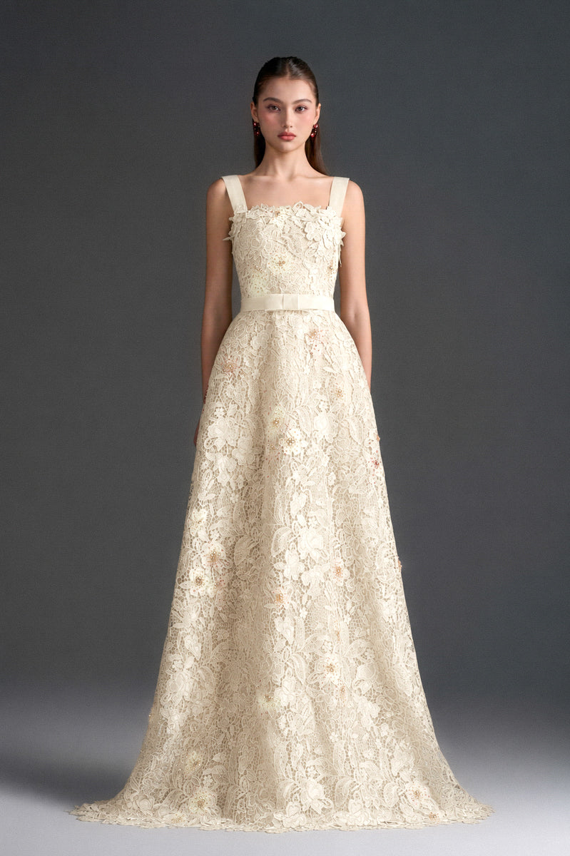 Ivory floral lace A-line gown with square neckline and velvet waist belt by I.H.F Studio, featuring intricate lace details and elegant design.