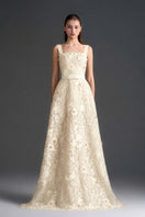 Ivory floral lace A-line gown with square neckline and velvet waist belt by I.H.F Studio, featuring intricate lace details and elegant design.