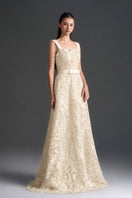 Ivory floral garden lace A-line gown with square neckline and velvet waist belt from I.H.F Studio, elegant and feminine evening dress.