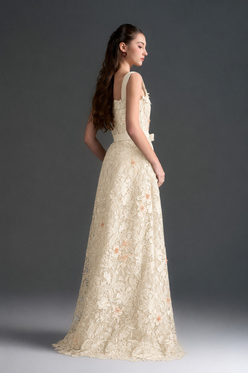 Ivory floral lace A-line gown with square neckline and velvet waist belt by I.H.F Studio, displayed on a mannequin.