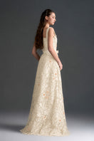 Ivory floral lace A-line gown with square neckline and velvet waist belt by I.H.F Studio, displayed on a mannequin.