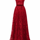 Red floral lace A-line gown with square neckline and velvet waist belt by I.H.F Studio, elegant evening dress with floral details.