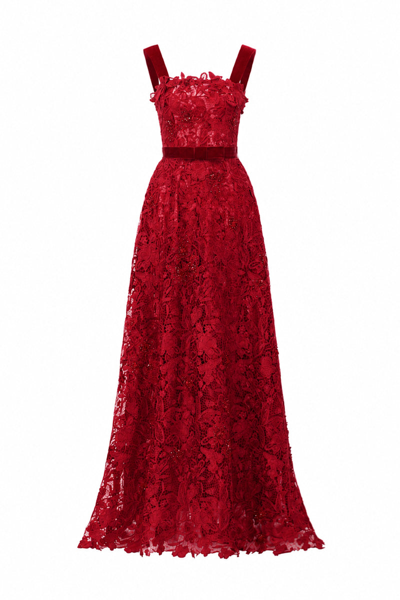 Red floral lace A-line gown with square neckline and velvet waist belt by I.H.F Studio, elegant evening dress with floral details.