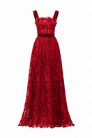 Red floral lace A-line gown with square neckline and velvet waist belt by I.H.F Studio, elegant evening dress with floral details.
