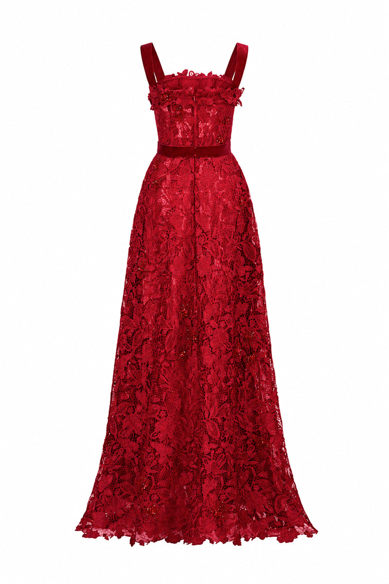 Red floral lace A-line gown with square neckline and velvet waist belt by I.H.F Studio, detailed lace floral pattern and elegant design.