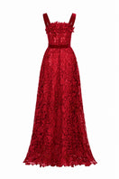 Red floral lace A-line gown with square neckline and velvet waist belt by I.H.F Studio, detailed lace floral pattern and elegant design.