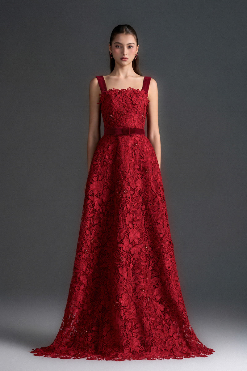 Red floral lace A-line gown with square neck, velvet waist belt, from I.H.F Studio, perfect for elegant garden-inspired occasions.