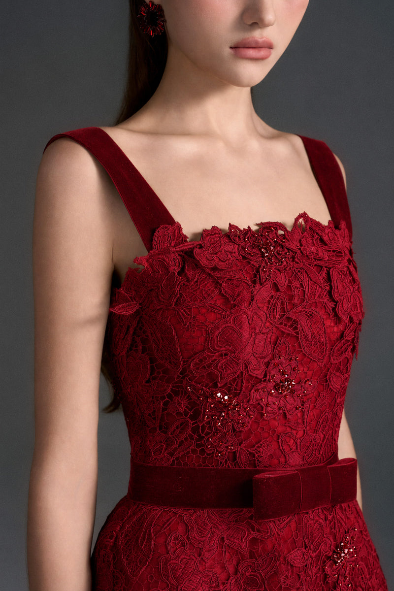 Red floral lace A-line gown with square neckline and velvet waist belt by I.H.F Studio, perfect for elegant garden events.