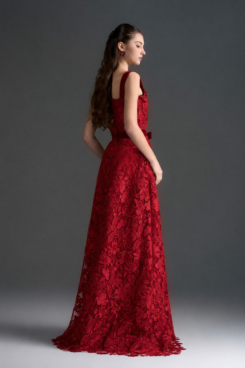 Red floral lace A-line gown with square neckline and velvet waist belt by I.H.F Studio, featuring intricate lace details and elegant design.