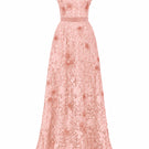 Light pink floral garden lace A-line gown with square neck, velvet waist belt, by I.H.F Studio.