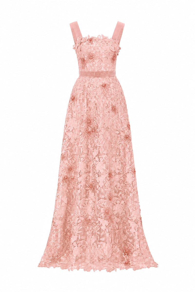 Light pink floral garden lace A-line gown with square neck, velvet waist belt, by I.H.F Studio.