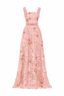 Light pink floral garden lace A-line gown with square neck, velvet waist belt, by I.H.F Studio.