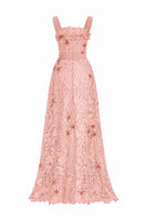 Light pink floral garden lace A-line gown with square neck, velvet waist belt, by I.H.F Studio, perfect for elegant occasions.