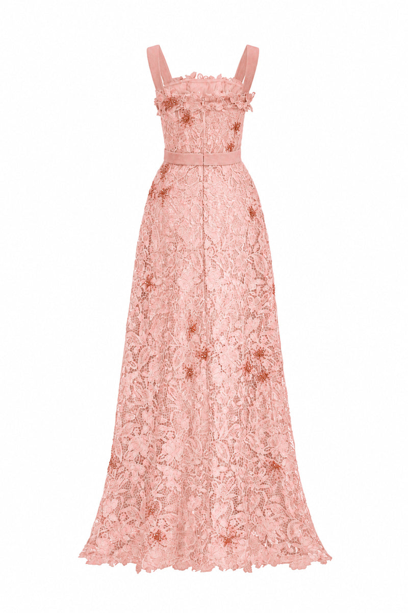 Light pink floral garden lace A-line gown with square neck, velvet waist belt, by I.H.F Studio, perfect for elegant occasions.