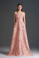 Light pink floral garden lace A-line gown with square neckline, velvet waist belt by I.H.F Studio.